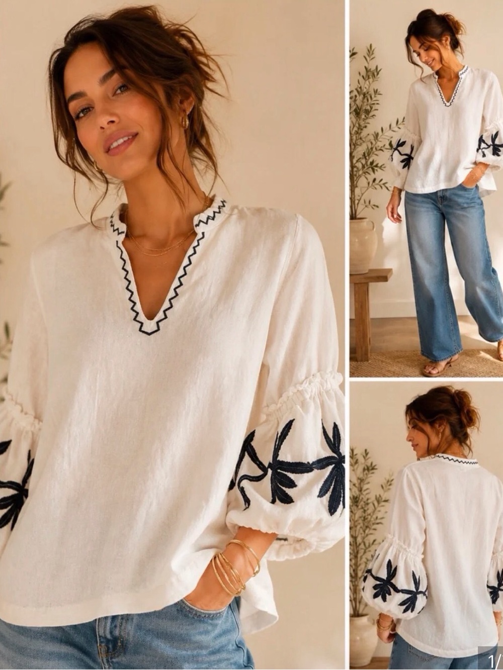 Chico's White Top with Navy Floral Embroidered Bell Sleeves